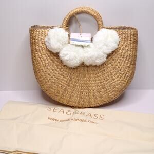 SEA & GRASS NEW Camryn White Pom-pom Seagrass Top Handle Bag in Natural Tan